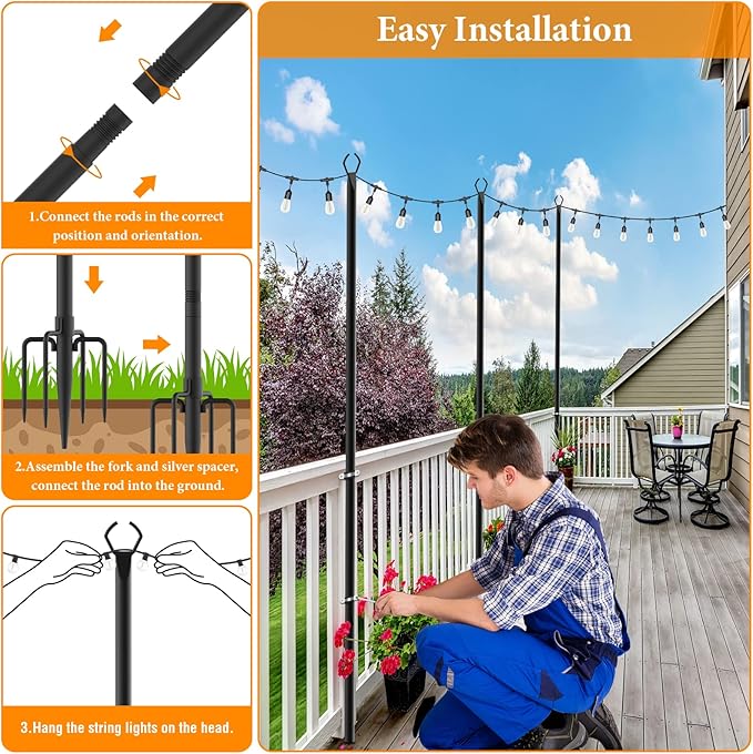 2 Pack String Light Poles10 Ft Light Poles for Outside String LightsOutdoor Lights Pole with ForkMetal Poles Stand for Patio Deck Backyard (10FT 2 Pack)