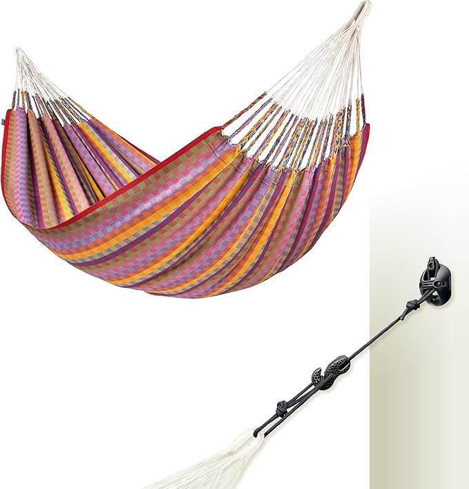 LA SIESTA® Flora Classic Cotton Hammock &amp Wall Mount Kit for Walls Ceilings &amp Square Beams - Indoor Outdoor Hammock Bed Portable Hammock 2 Person Hammock - Extra Large King Hammock Flowers