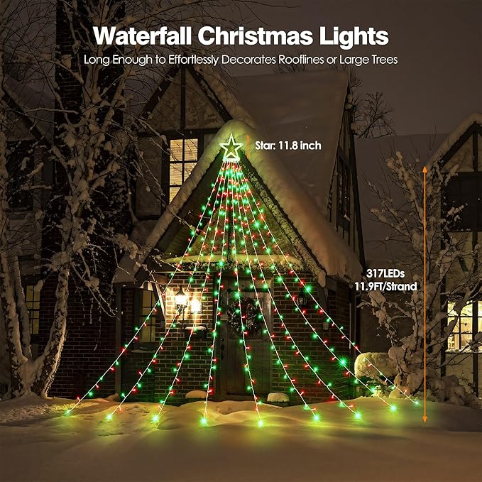 BlcTec Outdoor Christmas Decorations 317 LEDs Christmas Lights with 9 Strands 11.9ft Waterfall Christmas Tree Lights 8 Modes Waterproof Topper Star &amp Timer for Yard Patio Xmas Décor Red Green