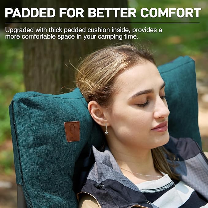 EVER ADVANCED Padded Oversized Folding Camping Chair for Adults Heavy Duty Lawn Chair with Side Pockets Portable Collapsible Quad Chair for Outside Support Up to 500lbs Green