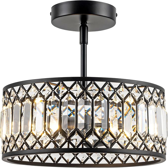 3-Light Crystal Ceiling Light Modern Semi Flush Mount Light Fixture Black Crystal Chandelier for Kitchen Bedroom Bathroom Entryway Hallway