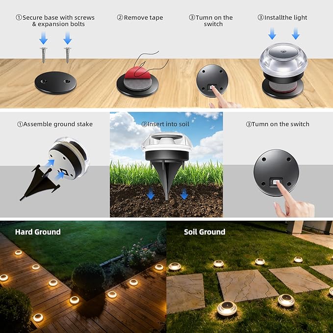 Solar Driveway Lights Outdoor 12PK - IP67 Waterproof Solar Ground Lights Pathway Lights Solar Powered Outdoor Solar Lights for Yard Landscape Lighting for Patio Garden Backyard Decor(Warm White)