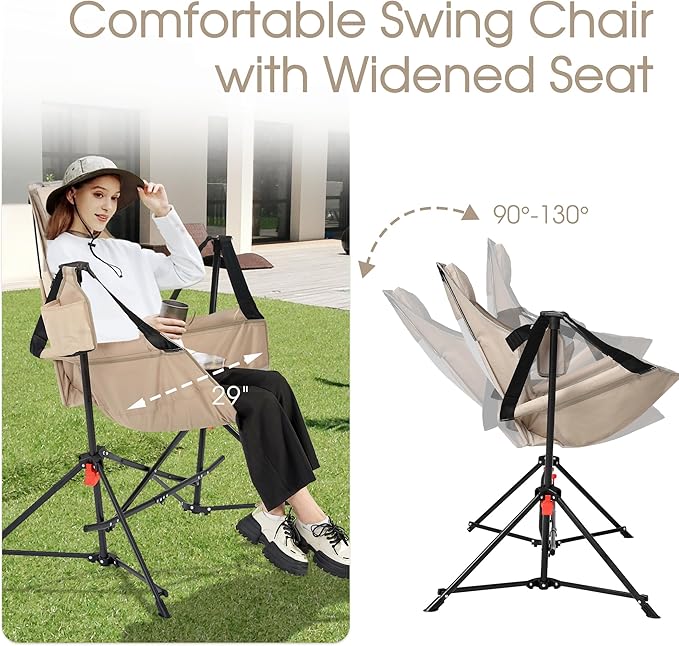 HOMEFUN Hammock Camping Chairs Set of 2- Portable Swinging Chair for Adults with Stand and Storage Bag Oversized Folding Rocking for Lawn Camp Fishing Hiking Khaki