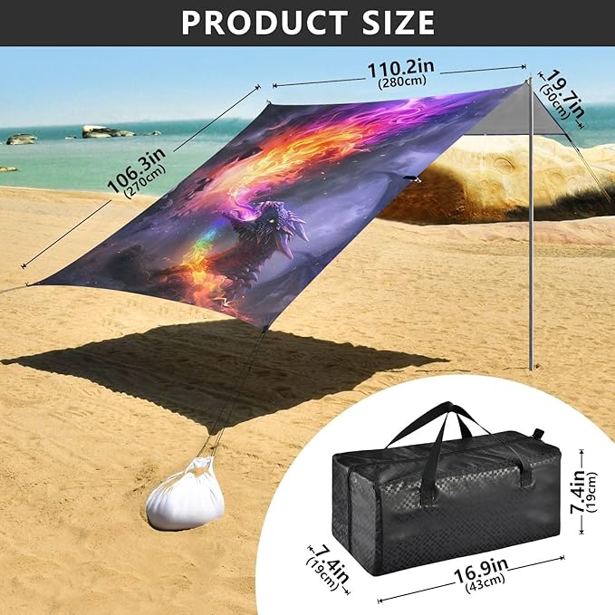 ALAZA Rabinbow Dragon Beach Tent Sun Shelter UPF50+ Protection Beach Shade Canopy w/ 4 Sandbags for Outdoor Camping Fishing Backyard Fun Picnic 10x9 ft