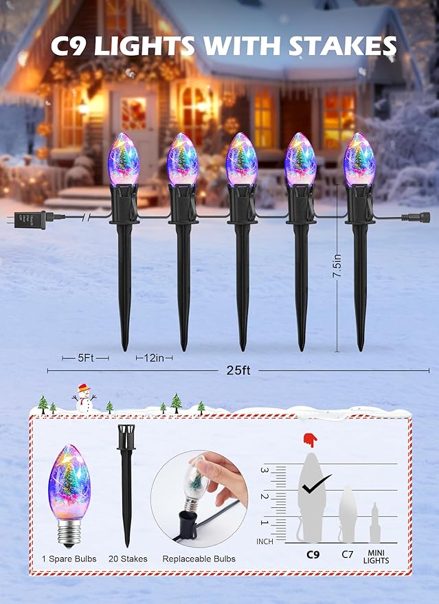 C9 Christmas Pathway Lights Outdoor 25Ft 20 LED Christmas String Lights with Stakes 4 Light Modes Waterproof Connectable Christmas Decorations for Outside Lawn Yard Sidewalk Driveway Multicolor