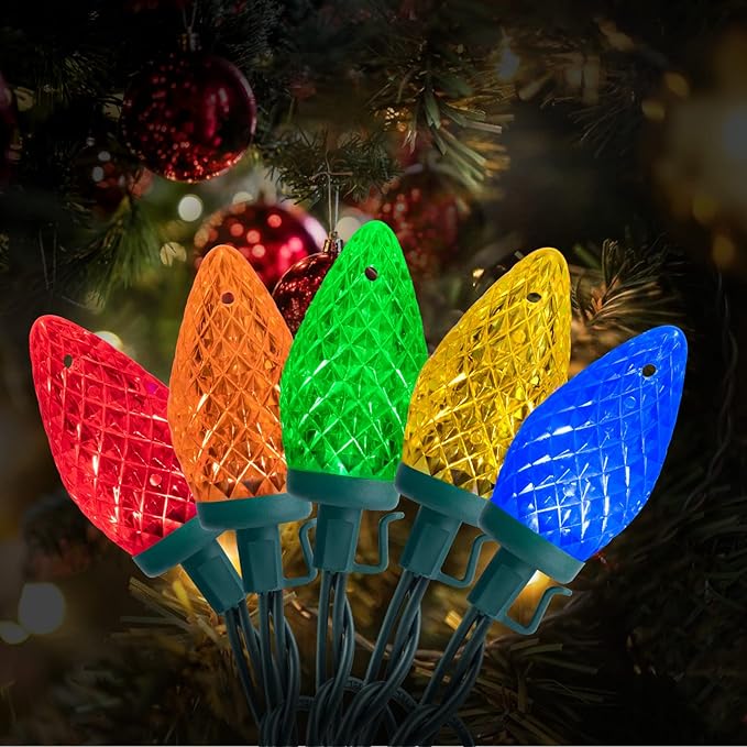 Brightown C9 Christmas String Lights Multicolor 66ft 100 LED Faceted Christmas Lights on Green Wire Plug-in Large Bulb Strawberry String Lights for House Roof Roofline Christmas Tree Party Outdoor
