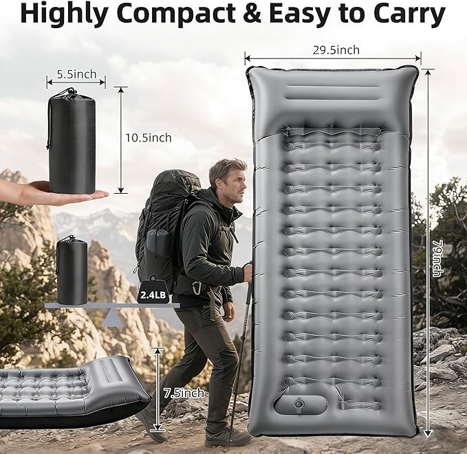 Camping Sleeping Pad Extra Thick 6 Inch Camping Mat with Built-in Pillow &amp Foot Pump Ultralight Inflatable Sleeping Pad for Backpacking Hiking Travel Tent(Gray)