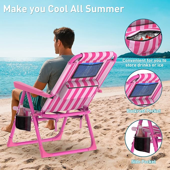 Suteck Backpack Beach Chairs for Adults 2 Pack 6-Position Folding Reclining Chair with Cooler Bag &amp Cup Holder Lightweight Portable Beach Chair for Camping Outdoor Sand Travel Use