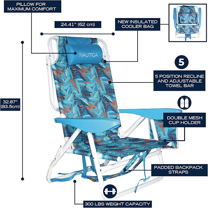 Nautica - Beach Chair Five Position Backpack Chair Portable &amp Adjustable with Padded Pillow and Cup Holders and Attached Insulated Cooler Bag (Fiji Beach)