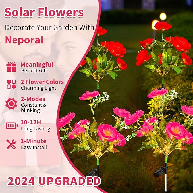 Neporal Solar Flowers Outdoor Waterproof Camellia4PK Decorative Garden Lights Solar Powered Dusk to Dawn 7-Stem 2 Lighting Modes Plants Lights for Yard Backyard Porch (Pink+Red)