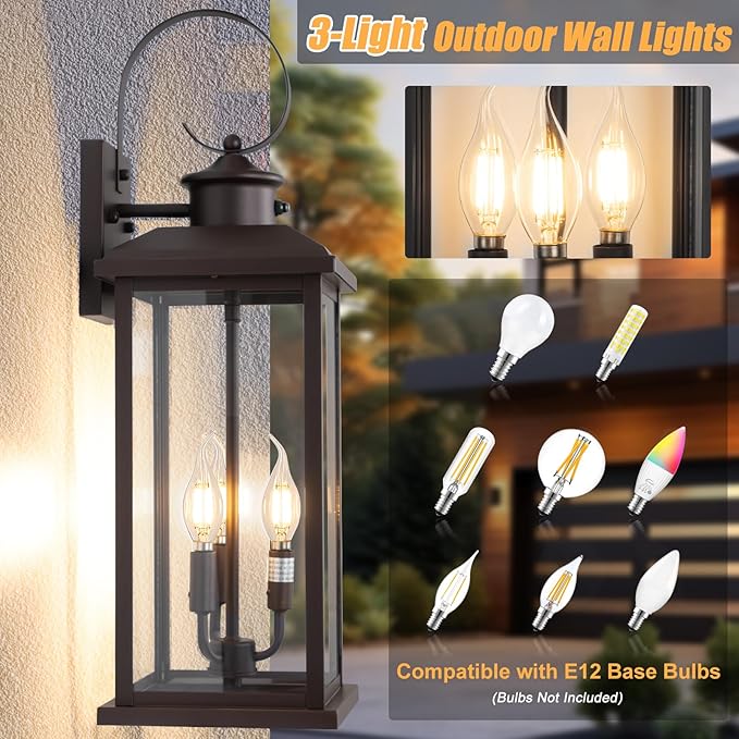 24 Dusk to Dawn Outdoor Wall Sconce: Bronze Large Porch Light 3-Light Waterproof Modern Exterior Lighting Fixture Wall Mounted Outside Lamp for House Garage E12