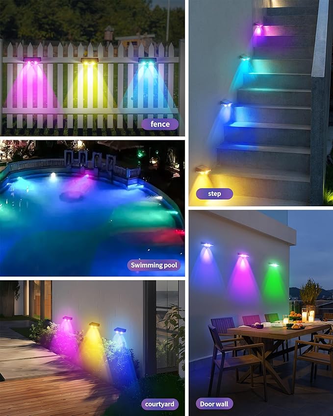 Solar Fence Lights 16 Pack Outdoor IP65 Waterproof LED RGB Fence Lights Solar Powered 7 Colors for Wall Patio Deck Backyard Garden Pool Railing
