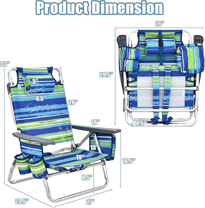 Giantex Folding Beach Chair Patio Sling Chairs with 5 Adjustable Position Head Pillow Storage Bag Towel Bar Cup Holders Backpack Chairs for Sunbathing Camping Chair