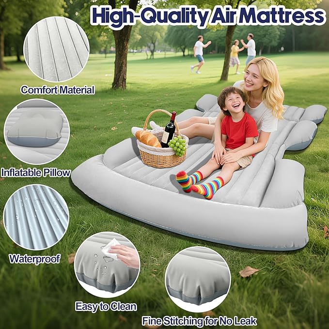 SUV Air Mattress with Air PumpThickened Camping Bed with 2 PillowsPortable Car Air MattressQuick Easy Set-UpInflatable Bed for carDurability Car Bed for SUVHomeTravelCamping(GreyWhite)