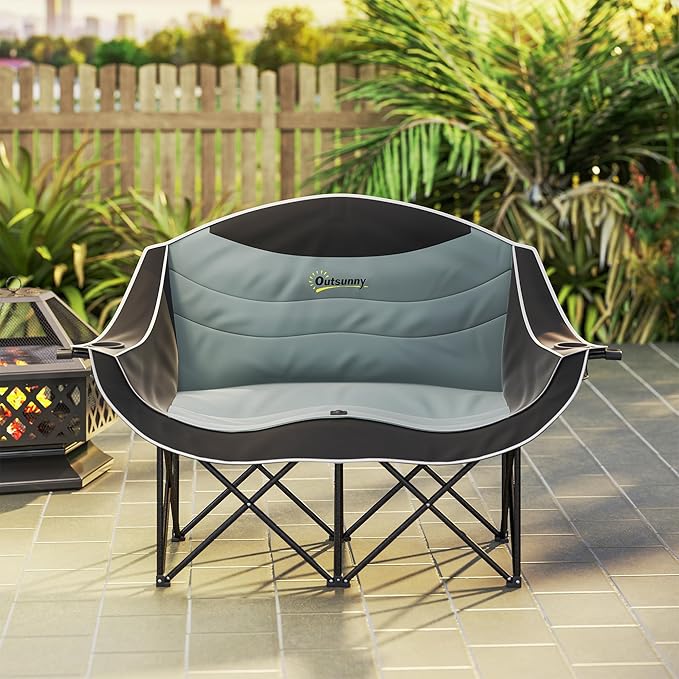Outsunny Double Camping Chair for Adults Padded Folding Camp Chair for 2 Person with Armrest Wine Glass Holder Cup Holder Carry Bag for Outdoor Sports Picnics Supports up to 552 lbs.
