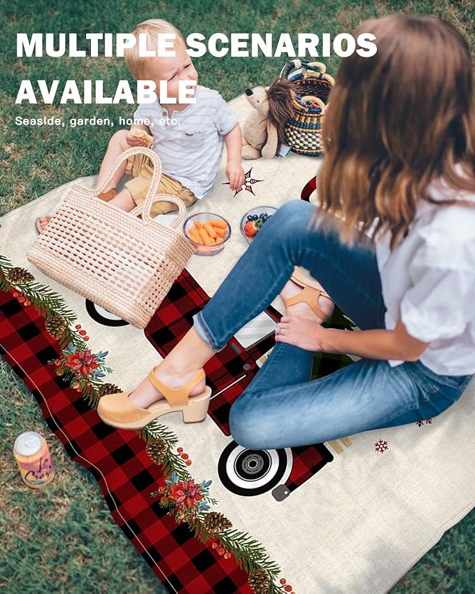 Beach Blanket Waterproof Sandproof OversizedChristmas Red Buffalo Check Farm Truck Trees Beach Mat with Corner Stakes Sand PocketsWinter Snowflake Flower Berries Picnic Mat for Travel 83x79In