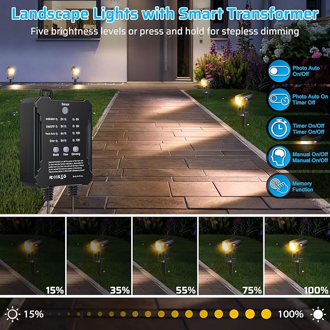 All-in-One Low Voltage Landscape Lighting Kit 8 Pack Landscape Lights with Smart Transformer Dimmable Waterproof Outdoor LED SpotLights 24V LED Landscape Lights for Yard Garden(Warm White)