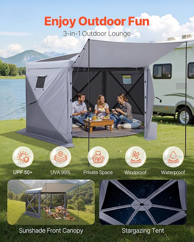 VEVOR Pop up Gazebo Screen Tent 12 x 12 ft Large 6-Sided Camping Canopy Tent with Removable Top &amp Carry Bag Quick-Set &amp Bite-Proof Screen House Sun Shelter for 8-10 Persons Backyard Patio