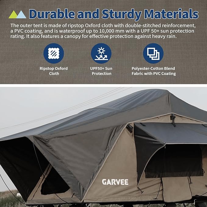 Garvee Rooftop Tent Soft Shell Easy Setup Roof Top Tent with Telescopic Ladder &amp LED Light Waterproof UV Resistant 4-Season Design for 2-3 Person Camping on Truck SUV Van Trailer