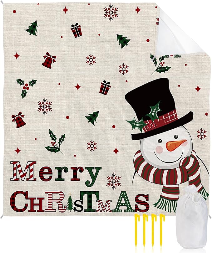 Beach Blanket Waterproof Sandproof OversizedMerry Christmas Snowman Winter Snow Beach Mat with Corner Stakes Sand PocketsBells Berries Seamless Outdoor Picnic Mat for Travel Camping Hiking 95x80In