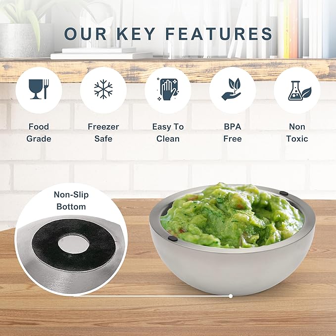 Dip Chiller Bowl - Large 70oz Capacity - Frozen Ice Stainless Steel Party Serving Bowl - Insulated Dip Dish Platter Keeps Salsa Guacamole Condiments Sauces Salad &amp Food Hot or Cold (2 Bowls)