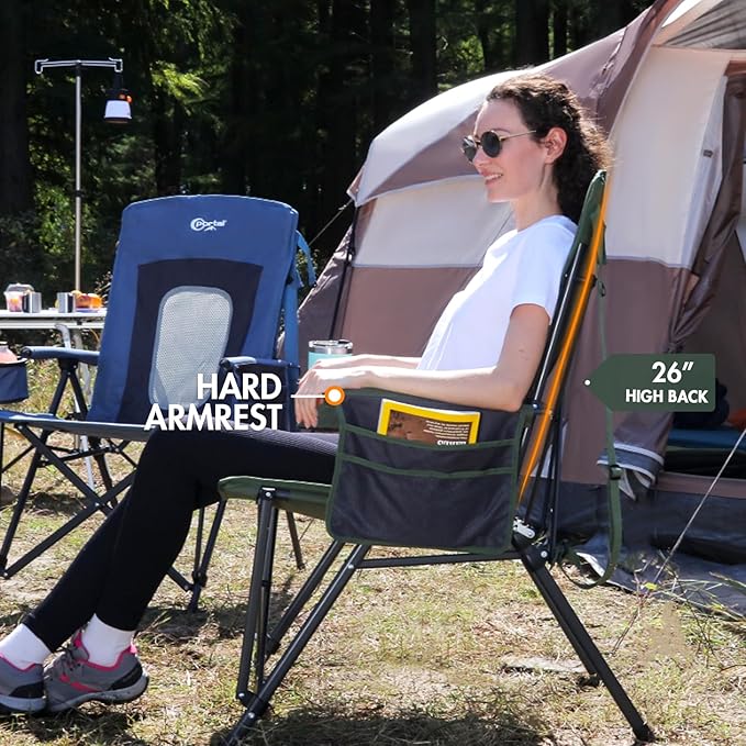 Portal Oversized Folding High Back Portable Lawn Chairs for Adults Outdoor Camp Sports Hunting Fishing Backyard with Hard Armrest Cup Holder Carrying Strap Supports 400LBS Green
