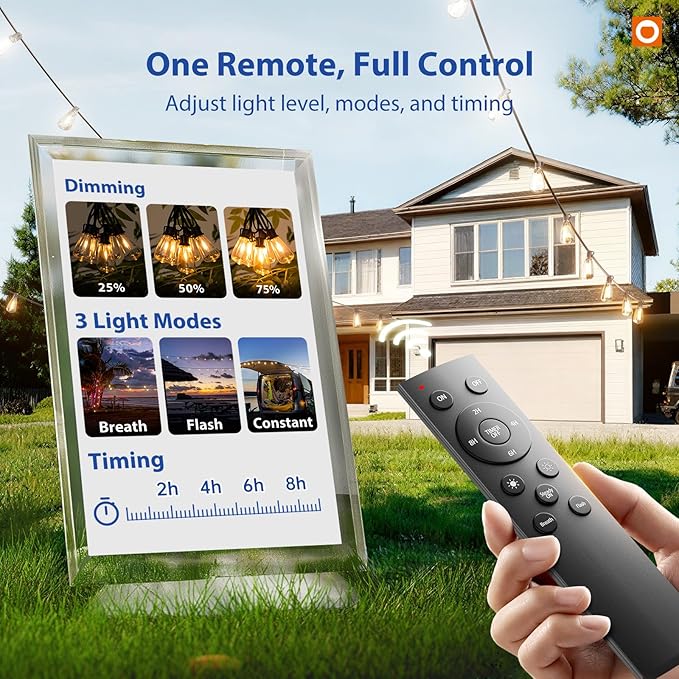 addlon 50FT LED Outdoor String Lights with Remote Waterproof Patio Lights with 16 Shatterproof ST38 Replaceable Bulbs(1 Spare) Dimmable Outside Hanging Light Connectable for Porch Backyard