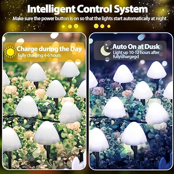 OZS 2PK 32LED 55FT Mushroom Solar Garden Lights Outdoor Solar String Lights Waterproof with 8 Lighting Modes Solar Garden Decor for Outside Pathway Light for Yard Decoration (Cool White)