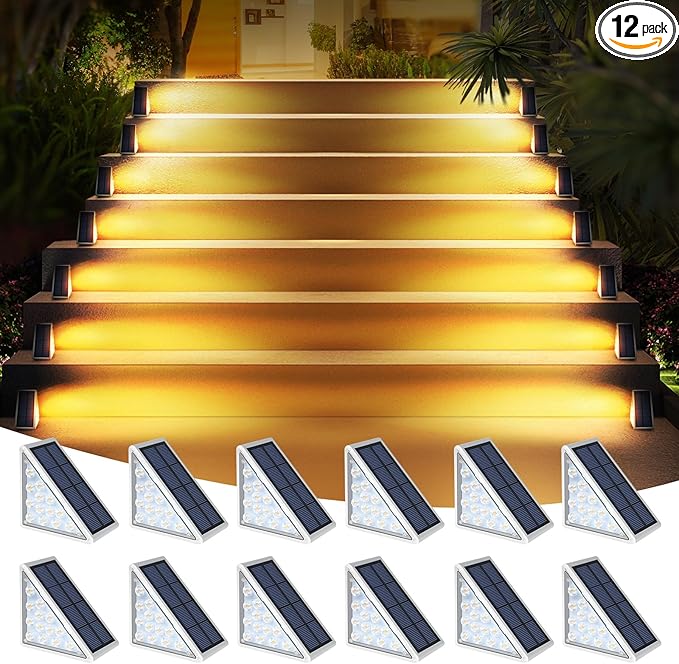LED Solar Step Lights Waterproof Outdoor Stair Lights Warm White Solar Deck Lights IP67 Solar Decoration Lights for Yard Patio Garden Walkways Front Door Pathway Driveway Porch 12 Pack