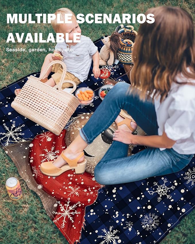 Beach Blanket Waterproof Sandproof Reindeer Xmas Ball Winter Snowflakes Quick Drying Beach Mat with 4 Stakes Blue Black Buffalo Check Lightweight Picnic Blanket for Travel Camping Outdoor 83x79