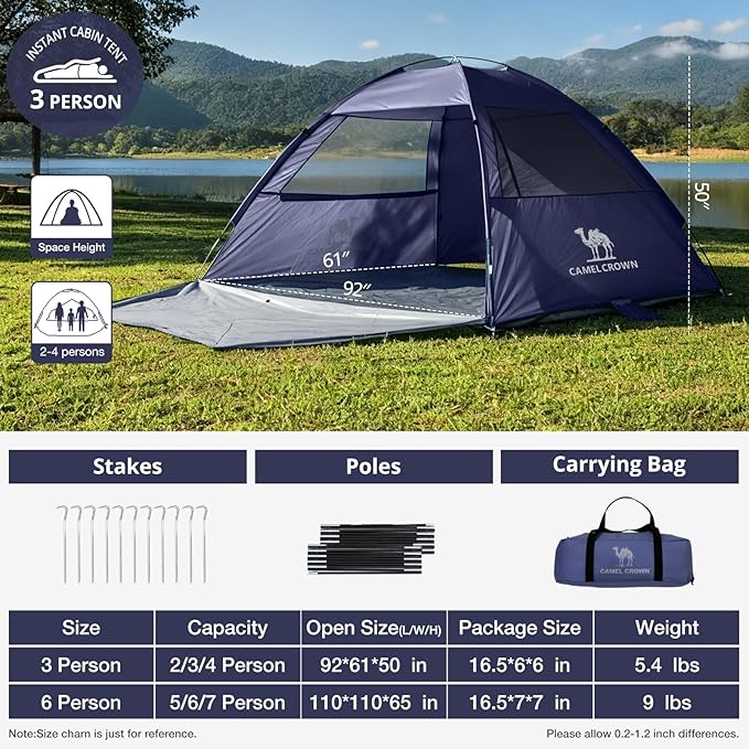 CAMEL CROWN Beach Tent UPF 50+ Sun Shelter for 2/3/5/6 Person Lightweight Portable Sun Shade with Sand Anchor Family Beach Day &amp Outdoor Adventures