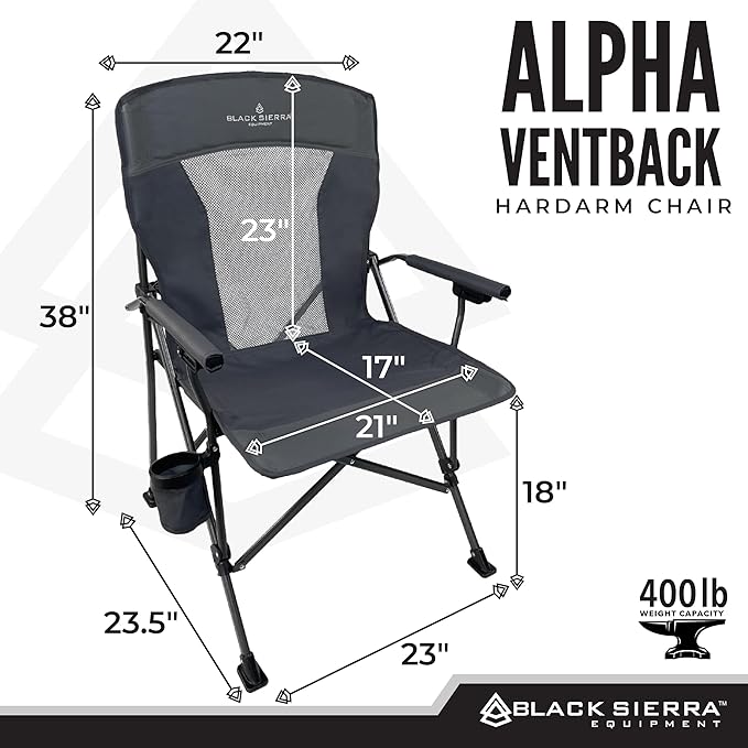 Black Sierra Camping Chair – Folding Portable Lawn &amp Beach Chair with Padded Hard Armrest Mesh Vented Back Spacious Cup Holder Carry Bag – Supports 300 lbs for Sports