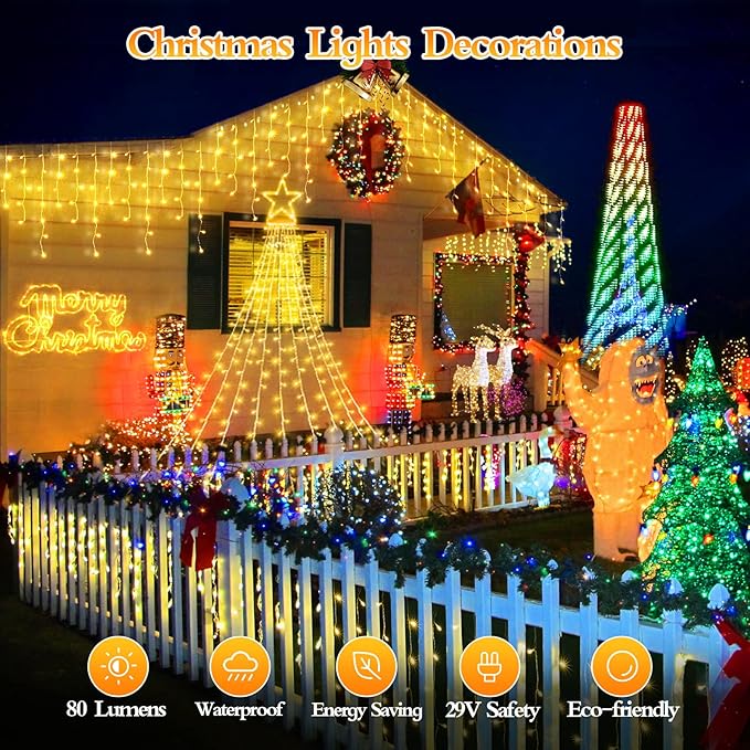 98FT 960 LED Christmas Lights Waterproof 8 Modes Ice Lights for Outside with Memory and Timer Hanging Fairy Lights Plug-in Curtain String Lights for Holiday Party Wedding Home (Warm White)