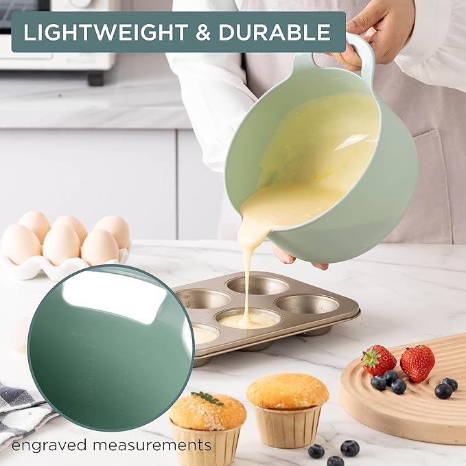 COOK WITH COLOR Nesting Plastic Mixing Bowl Set with Pour Spouts and Handles Ombre Mint 4 Piece Non-Slip