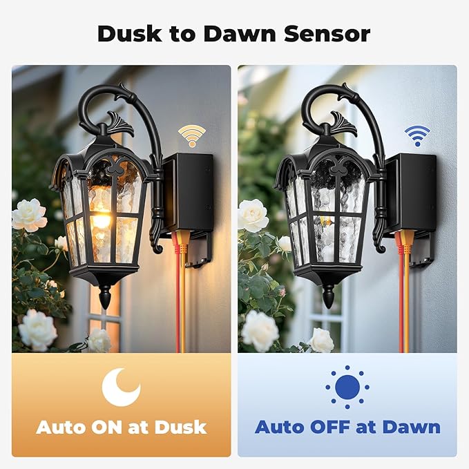 Outdoor Porch Light with Outlet Dusk to Dawn Porch Light Outdoor House Lights Wall Mount Aluminum Exterior Wall Sconce with Water Ripple Glass Waterproof Outside Sconce Lights for House