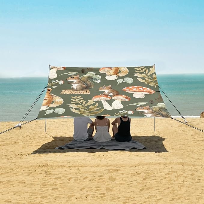 Beach Tent Sun Shelter Cartoon Squirrels Mushrooms Lightweight &amp Easy Setup Beach Shade Canopy for Camping Fishing