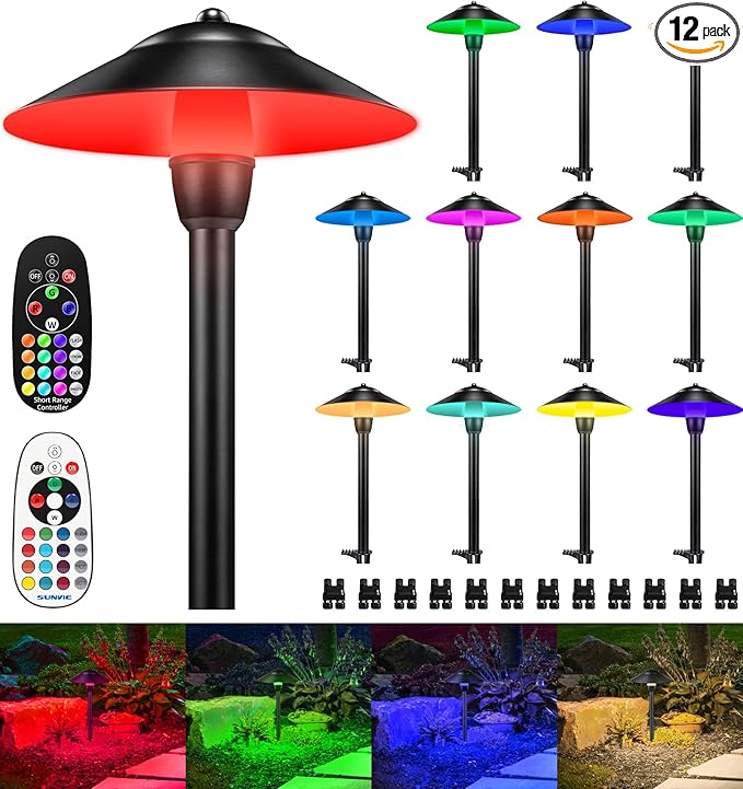 SUNVIE RGBW Low Voltage Landscape Lights 3W Color Changing Pathway Lights 12-24V Multi-Color Path Lights Waterproof for Yard Garden Walkway Holiday Landscape Lighting ETL Listed Cord 12 Pack