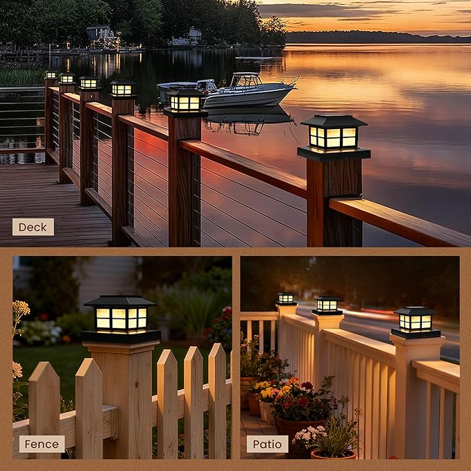 6 Pack Solar Post Cap Lights Outdoor Waterproof Fence Post Solar Lights Fit for 4x4 5x5 6x6 Wooden/Vinyl/Plastic Posts Warm White LED Lighting Decor for Garden Deck Patio