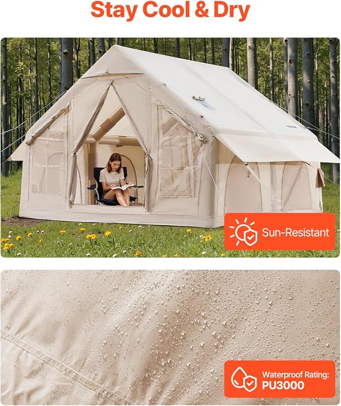 VEVOR Inflatable Tents for Camping Easy Setup Blow up Tent with Hand Pump 4 Season Glamping Tent with Stove Jack Doors &amp Mesh Windows Storage Bag Included for Easy Taking