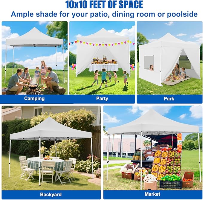 Yesker 10x10 Pop Up Canopy Tent with 4 Sidewalls Portable Folding Outdoor Canopy Easy Setup Gazebo Waterproof Instant Popup Shelter Tent w Wheel Carry Bag sandbags for Events Parties Camping White