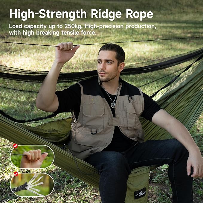 Camping Hammock with Mosquito Net and Ridge Rope Extra Large for 2 Person Lightweight Hanging Hammocks Tree Straps All-in-one Fast Open Hammock for Outside Hiking and Travel