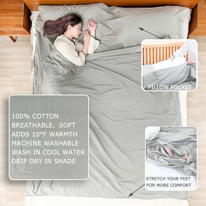 100% Cotton Sleeping Bag Liner with Full Length Zipper on 3 Sides Single/Double Adult Sleep Sack for Travel &amp Camping Multifunctional Travel Sheets (Unzipped 87”x87”) for Hotel Lightweight