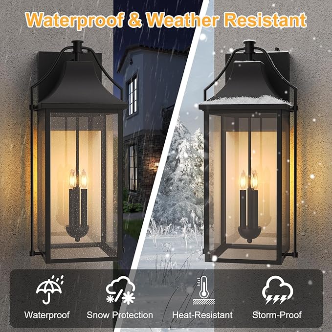 25-INCH Dusk to Dawn Outdoor Wall Light Large Size Waterproof Patio Lanterns 3-Light Exterior Wall Mount Lantern Sconce with Glass Black Wall Sconces for House Garage Front Door