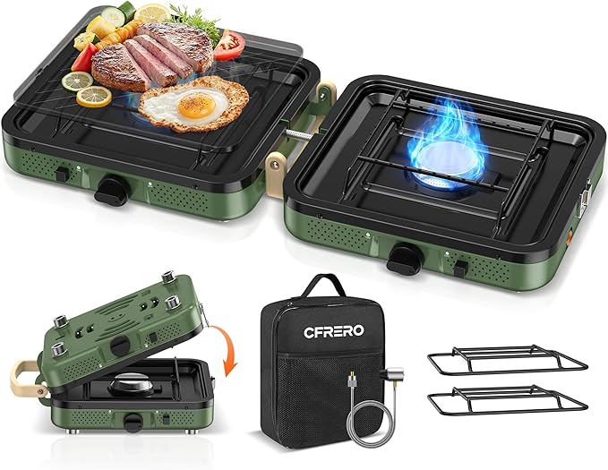 Propane 2-Burner Foldable Camping Stove with Carry Bag Portable Propane Camp Stoves with Adjustable Burners &amp Piezo Ignition for Outdoor Cooking Tailgating Backyard Gathering(Griddle Not Includ
