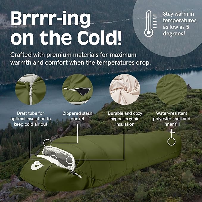 Retrospec Dream Mummy Sleeping Bag - 5 15 &amp 30°F Cold Weather Camping &amp Travel Essential Gear with Water - Resistant Shell &amp Synthetic Fill - Zippered Pocket &amp Stuff Sack