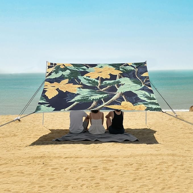 Bolaz Beach Canopy Tent Sun Shade9'×10.5' Large Family Beach Shade UPF50+- Outdoor Shade for Camping Trips FishingTropical Leaves Pattern