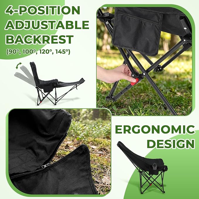 Karenhi Reclining Camping Chair with Footrest Portable Hammock Chair with Adjustable 4 Position Backrest Supports 330lbs Foldable Lounge with Storage Bag for Camping Outdoor Patio Black
