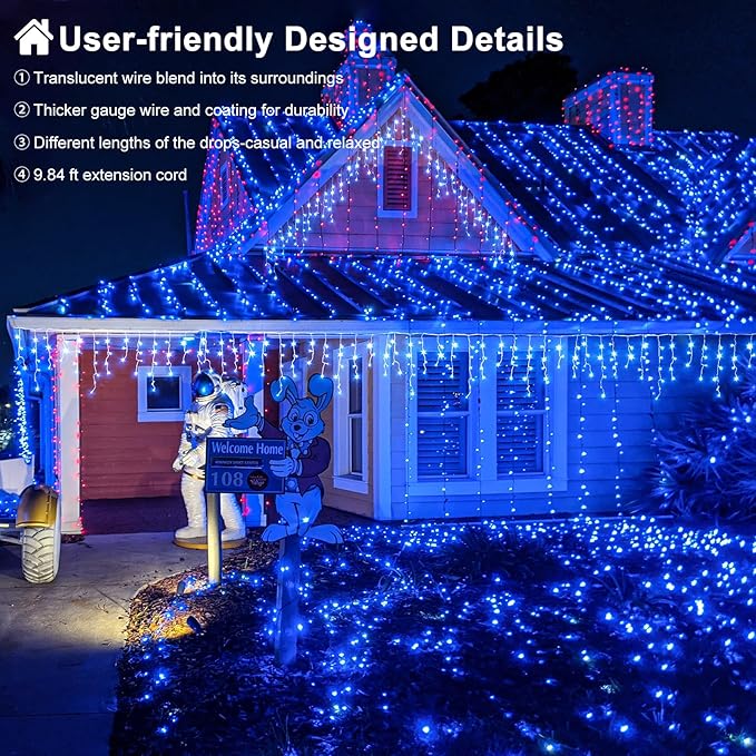 33ft 400LED Icicle Lights for Outside Blue Christmas Lights for House Patio Yard Porch Backyard Holiday Garden Xmas Exterior Decoration Waterproof Twinkle Cluster Light Hanging Light All Year