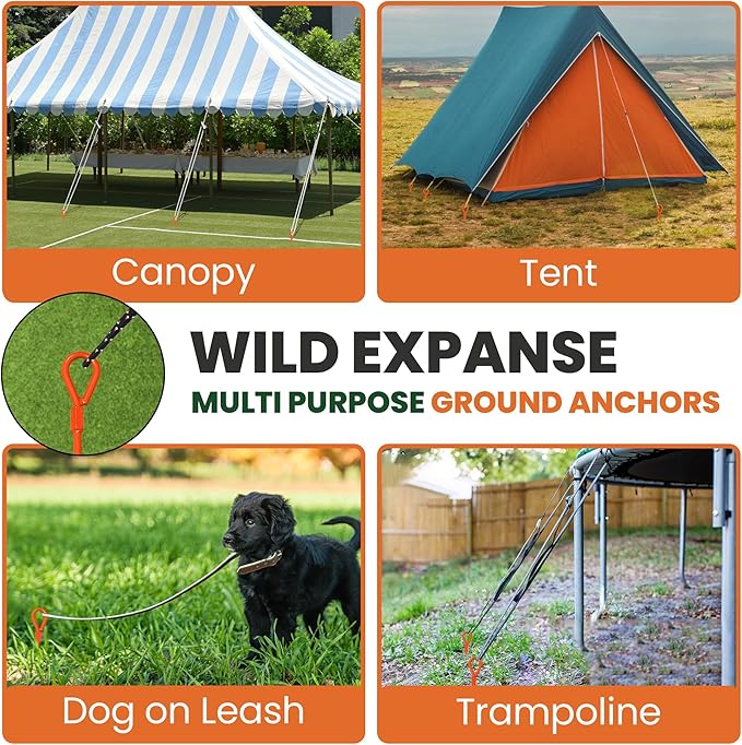 15 Screw-In Ground Anchors (4 Pack) – Heavy Duty Orange Trampoline Stakes High Visibility Earth Augers with Drill Bit &amp Glow Carabiners for Canopy Tents Carports &amp Swing Sets