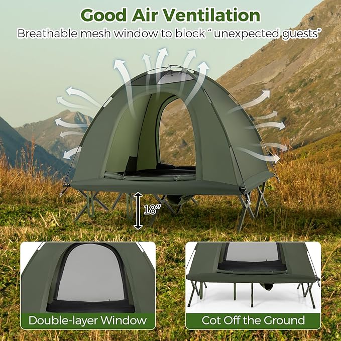 Tangkula 2 Person Tent Cot Portable Off Ground Elevated Camping Tent with Cot Removable Rainfly Wheeled Bag Stakes &amp Wind Ropes for Picnic Hiking Travel Beach